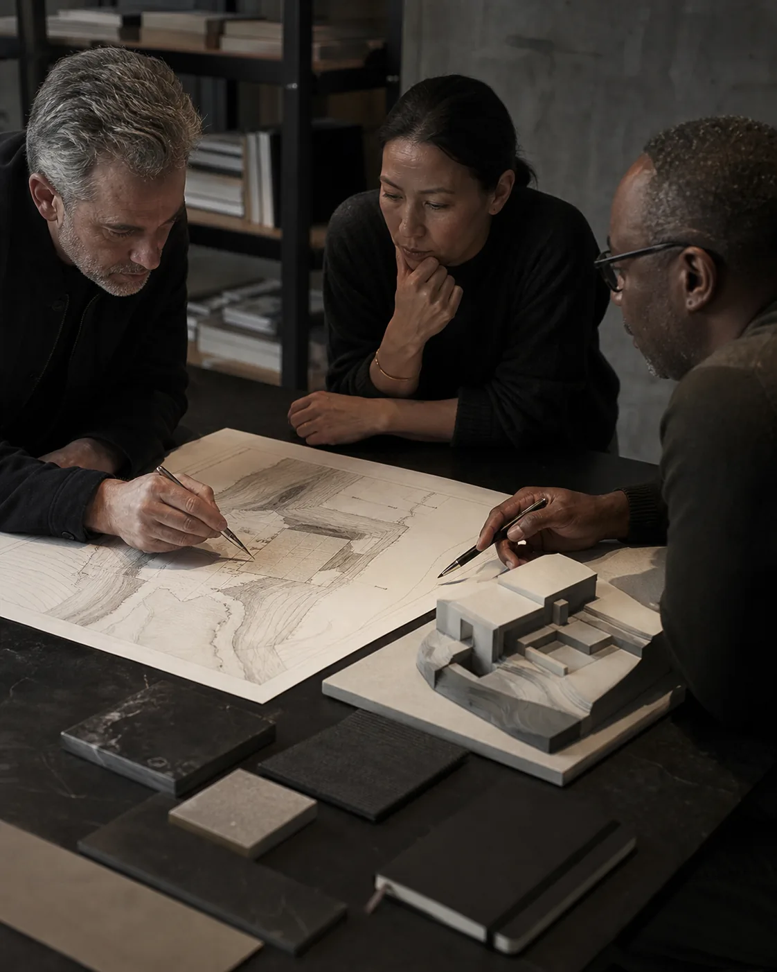 Three operators examining architectural plans and material samples around a work table