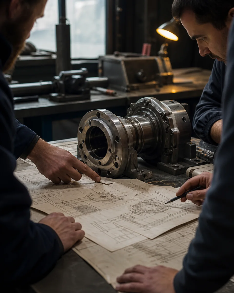 Engineers compare a machined component with technical drawings in a workshop.